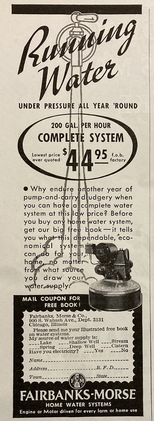 1936 AD.(XH61)~FAIRBANKS, MORSE CO. CHICAGO. HOME WATER SYSTEM