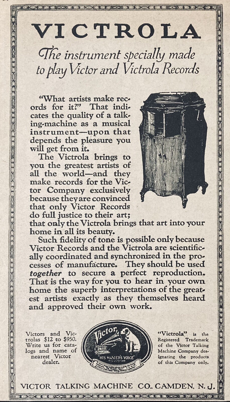 1919 AD(XH34)~VICTOR TALKING MACHINE CO. CAMDEN, NJ. VICTOR VICTROLA PLAYER