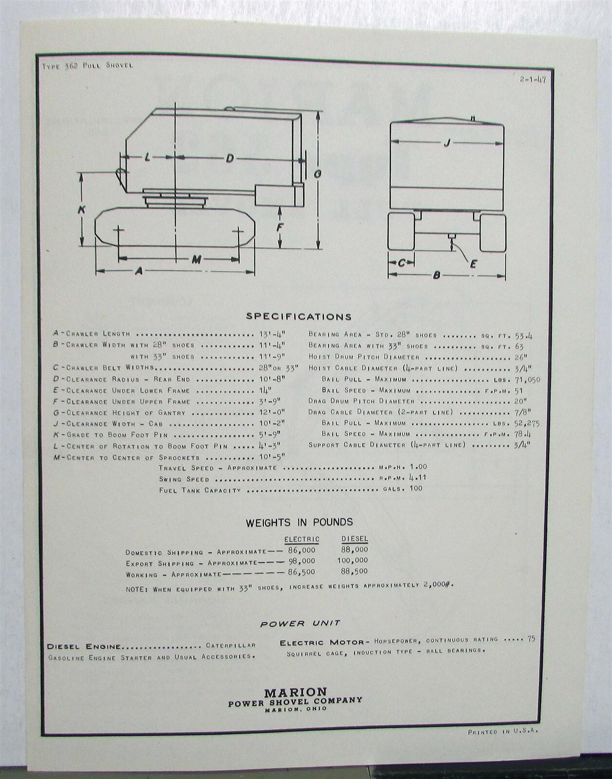 1947 Marion 362 Pull Shovel Specifications Construction Sales Data Sheet