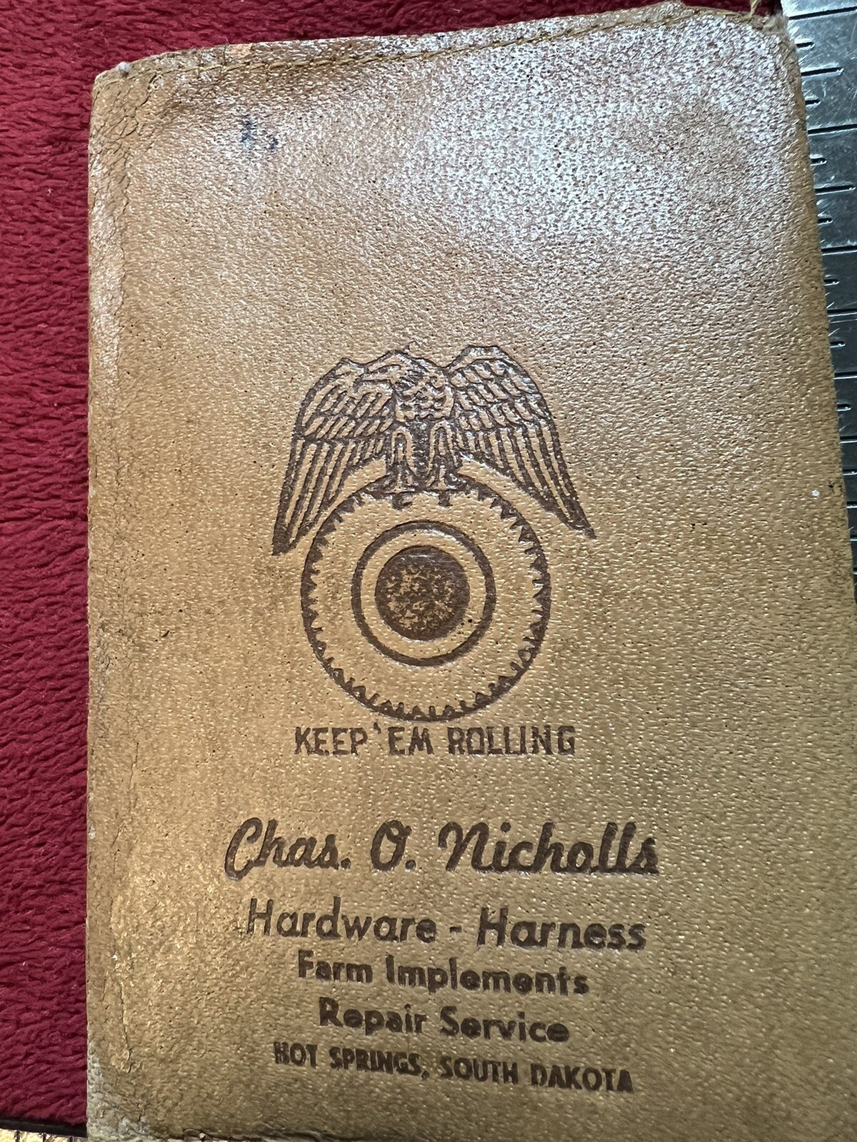 Vintage Keep’Em Rolling Wallet, Chas. O. Nichols Implement in Hot Springs, SD.