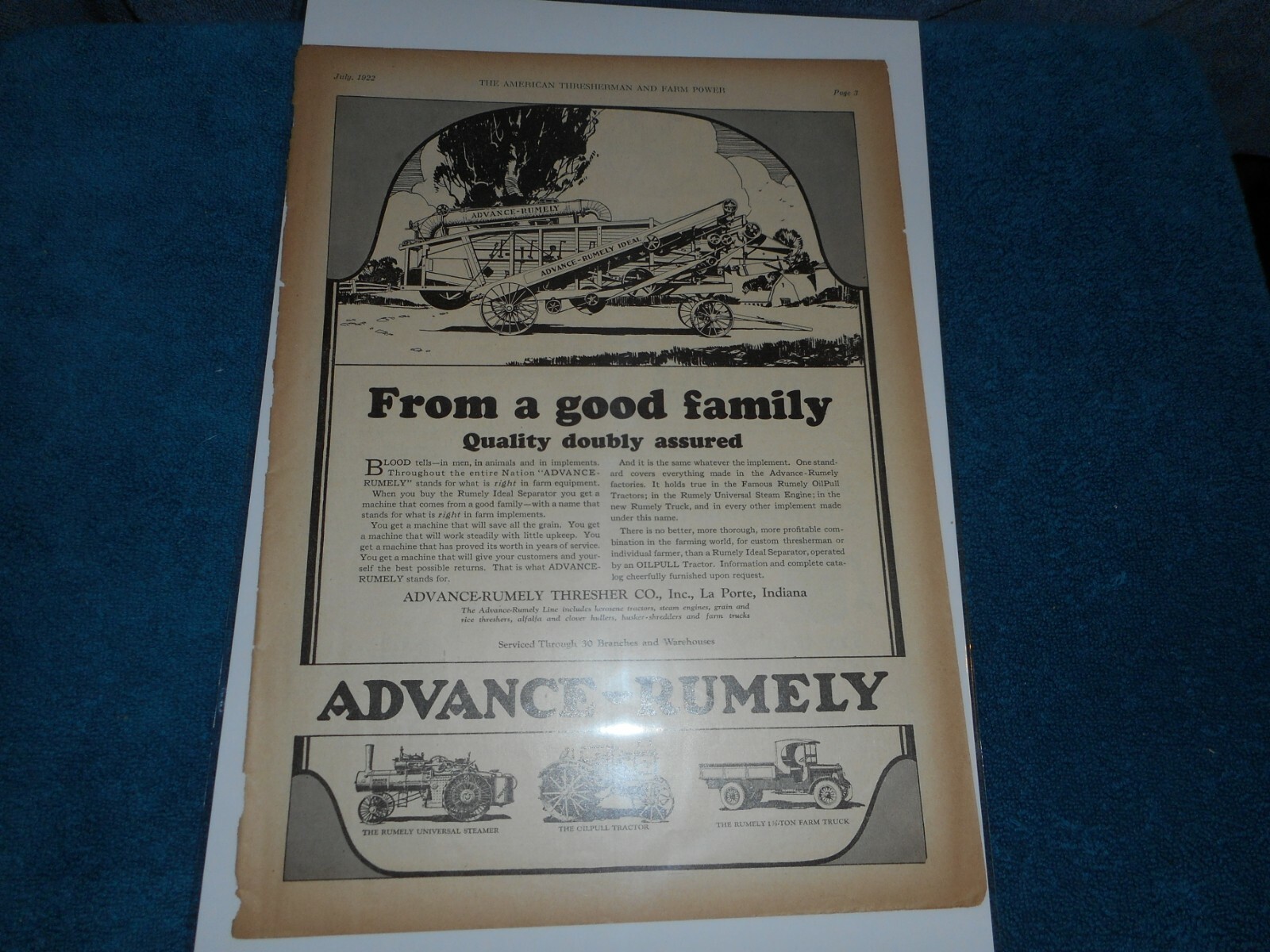 Advance Rumely La Porte IN 1922 Orig. Advertisement: Ideal Separator