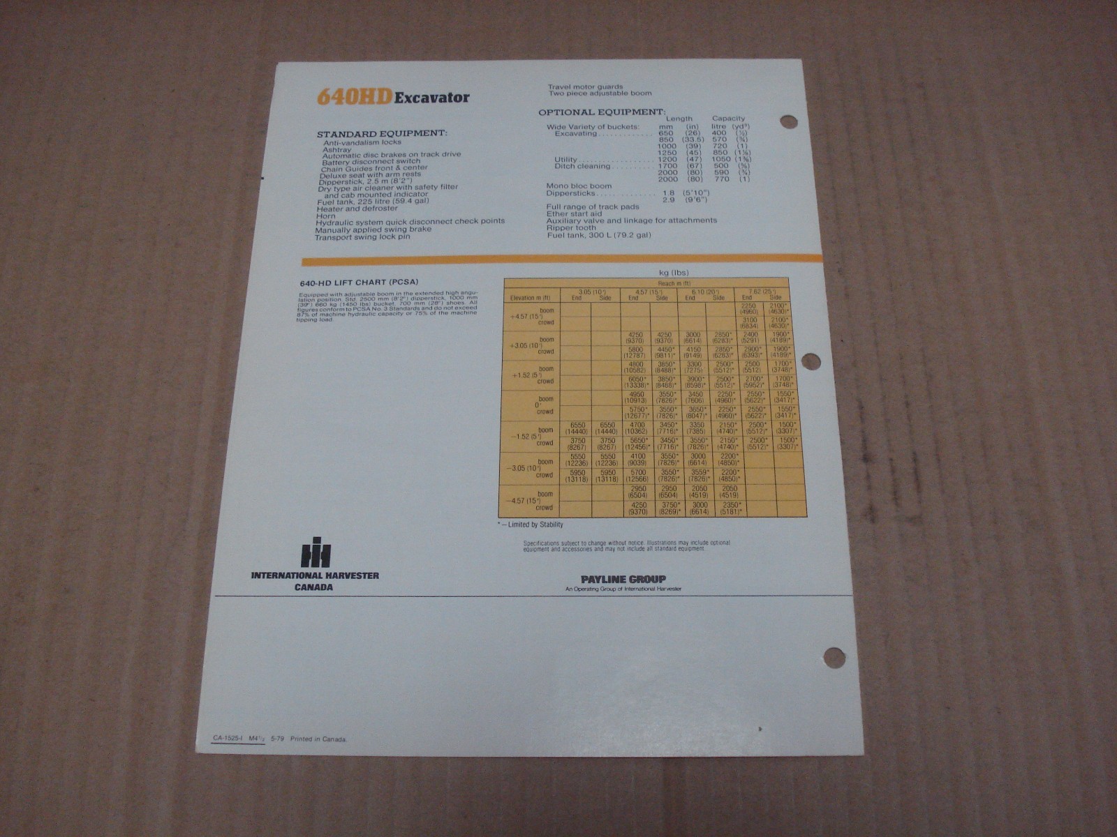 International 640HD Excavator Specifications (Preliminary) Brochure 1979