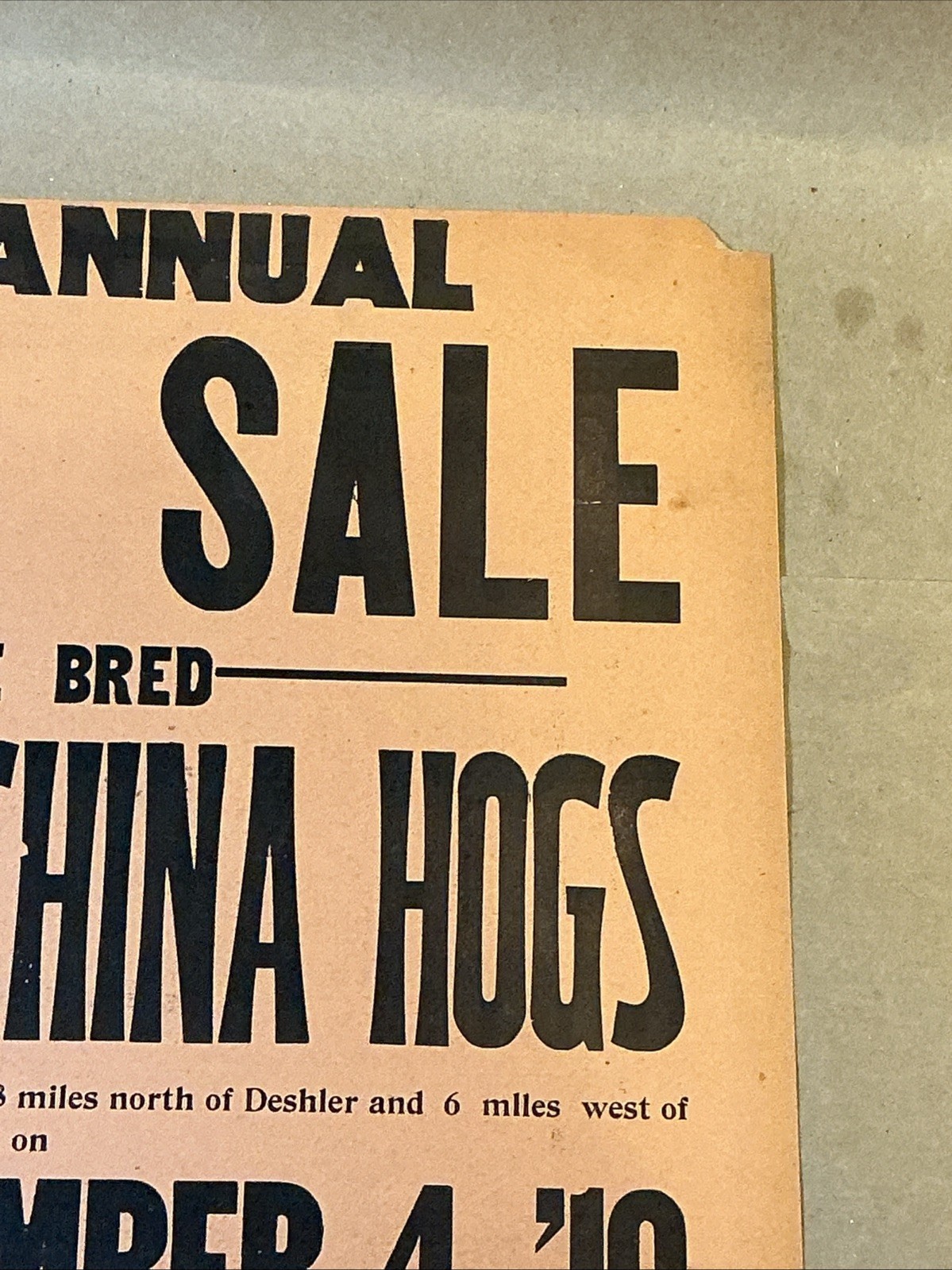 Antique 1910 Original Auction Poster China Hog Public Sale Ohio As Is INV-AC07Y