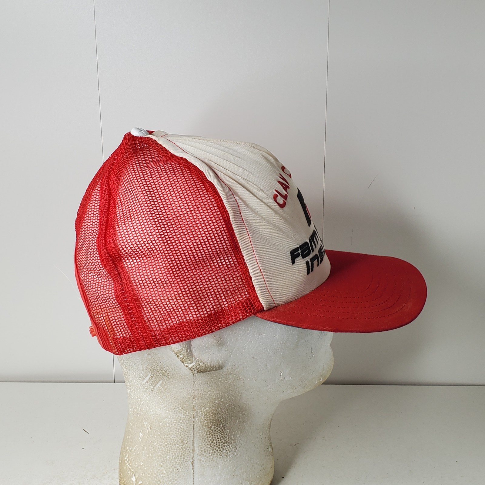 Vintage Clay County Farm Bureau Insurance Trucker Hat Red White Mesh Snapback