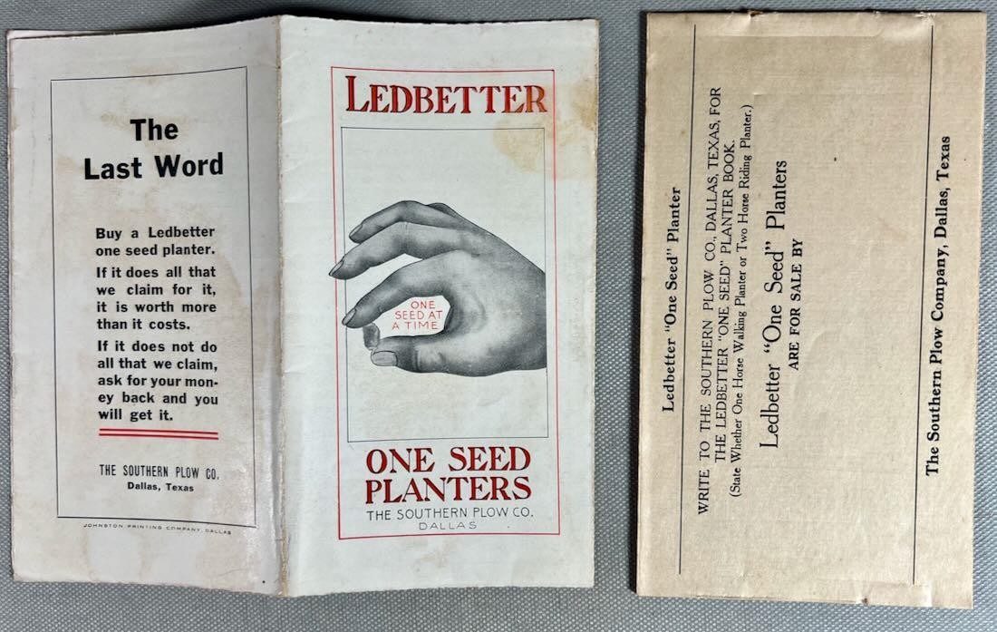 rare vintage 1909 Ledbetter seed planter brochures, Southern Plow Co. Dallas