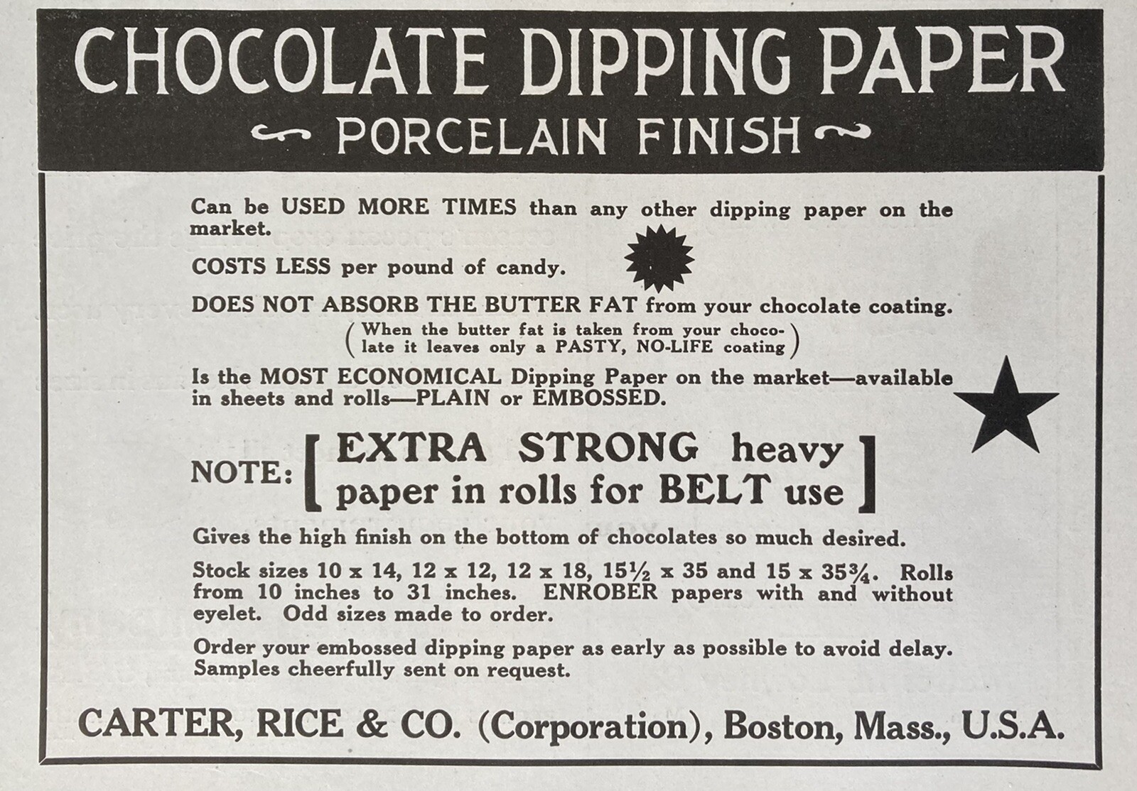 1927 AD.(XG15)~CARTER, RICE CO. BOSTON. CHOCOLATE DIPPING PAPER