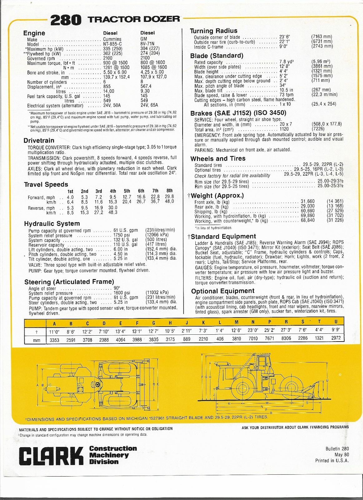 Original Clark Michigan 280 Tractor Dozer Sales Brochure Bulletin #280 May, 1980
