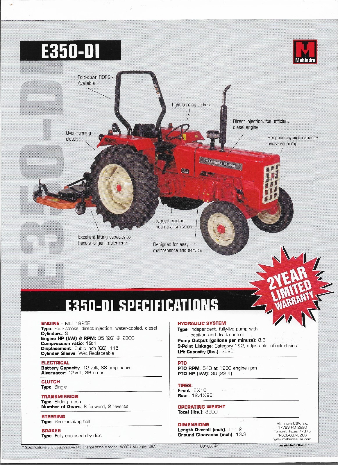 Original Mahindra E350DI Tractor Dealer Sales Brochure Spec Specifications Sheet