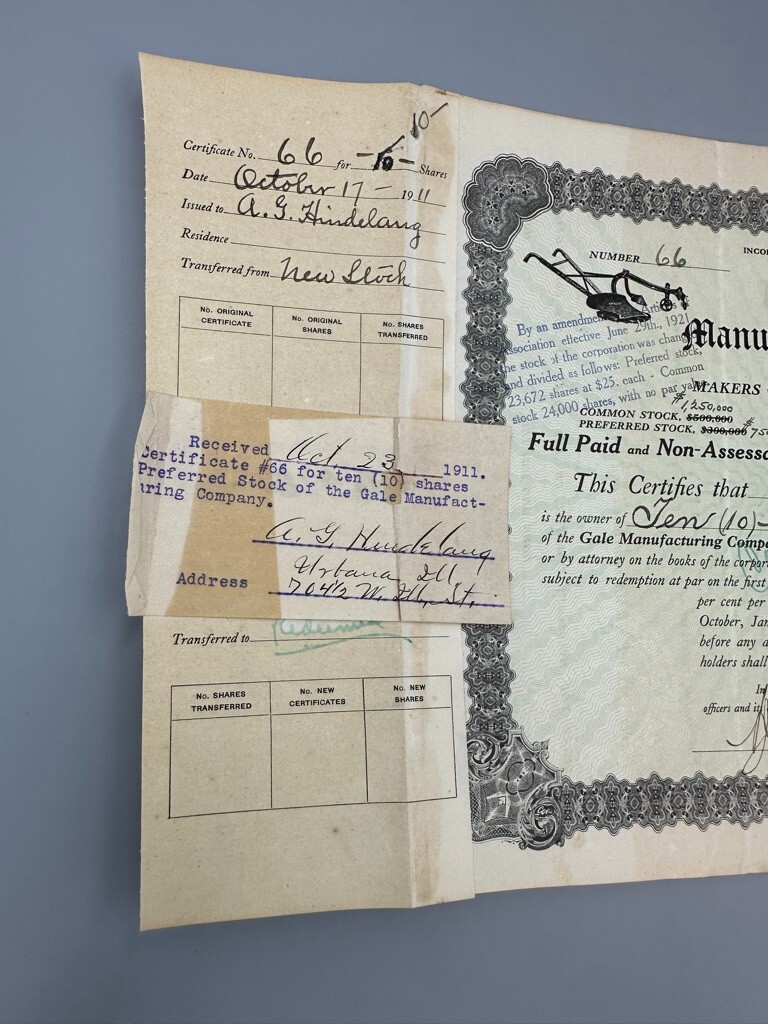 1911 GALE Mfg Co CHILLED PLOW Farm STOCK CERTIFICATE Advertising ALBION MICHIGAN