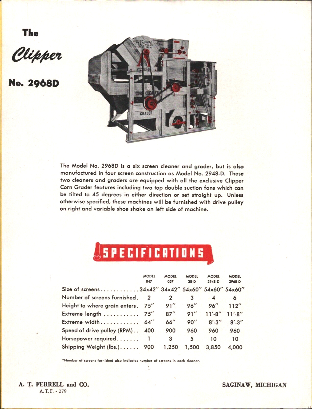 1951 CLIPPER CORN CLEANERS agricultural farming brochure A.T. FERRELL – SAGINAW
