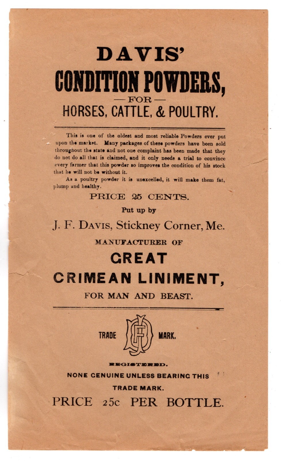 Handbill, advertising, DAVIS&rsquo; CONDITION POWDERS FOR HORSES, CATTLE & POULTRY, ME