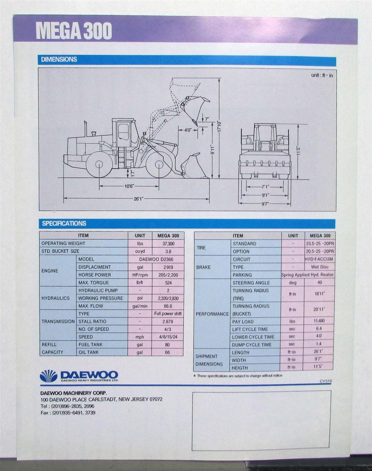 1990s Daewoo Mega 300 Wheel Loader Specification Construction Sales Data Sheet