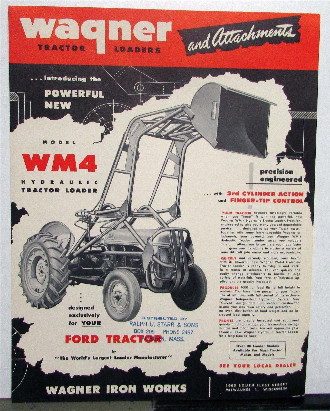 1950s Wagner WM4 Hydraulic Tractor Loader Specs Agricultural Sales Data Sheet