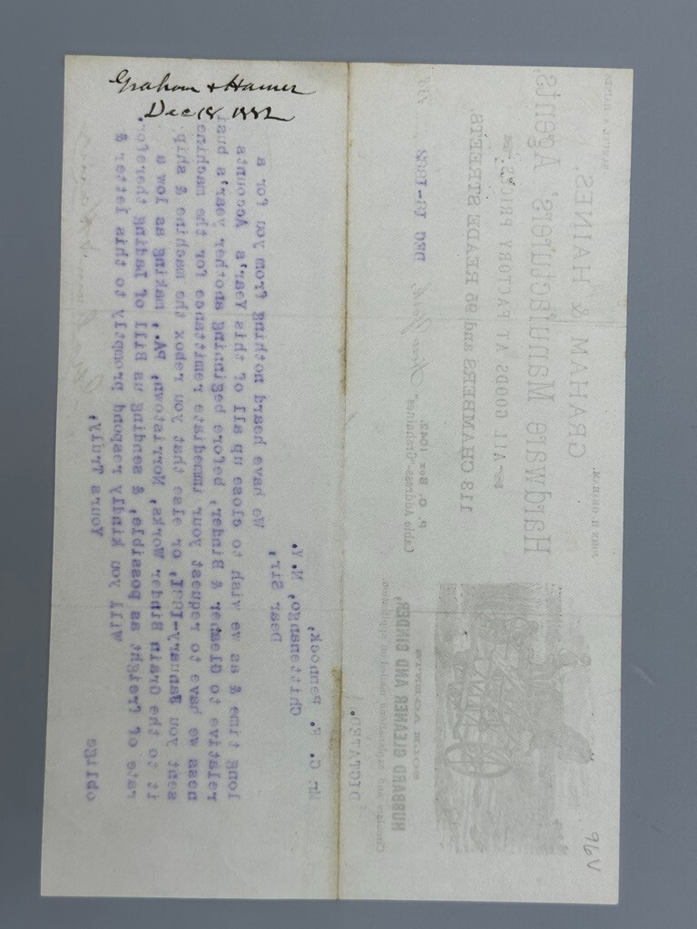 1882 HUBBARD GLEANER BINDER Graham Haines FARM Machinery Advertising Letterhead