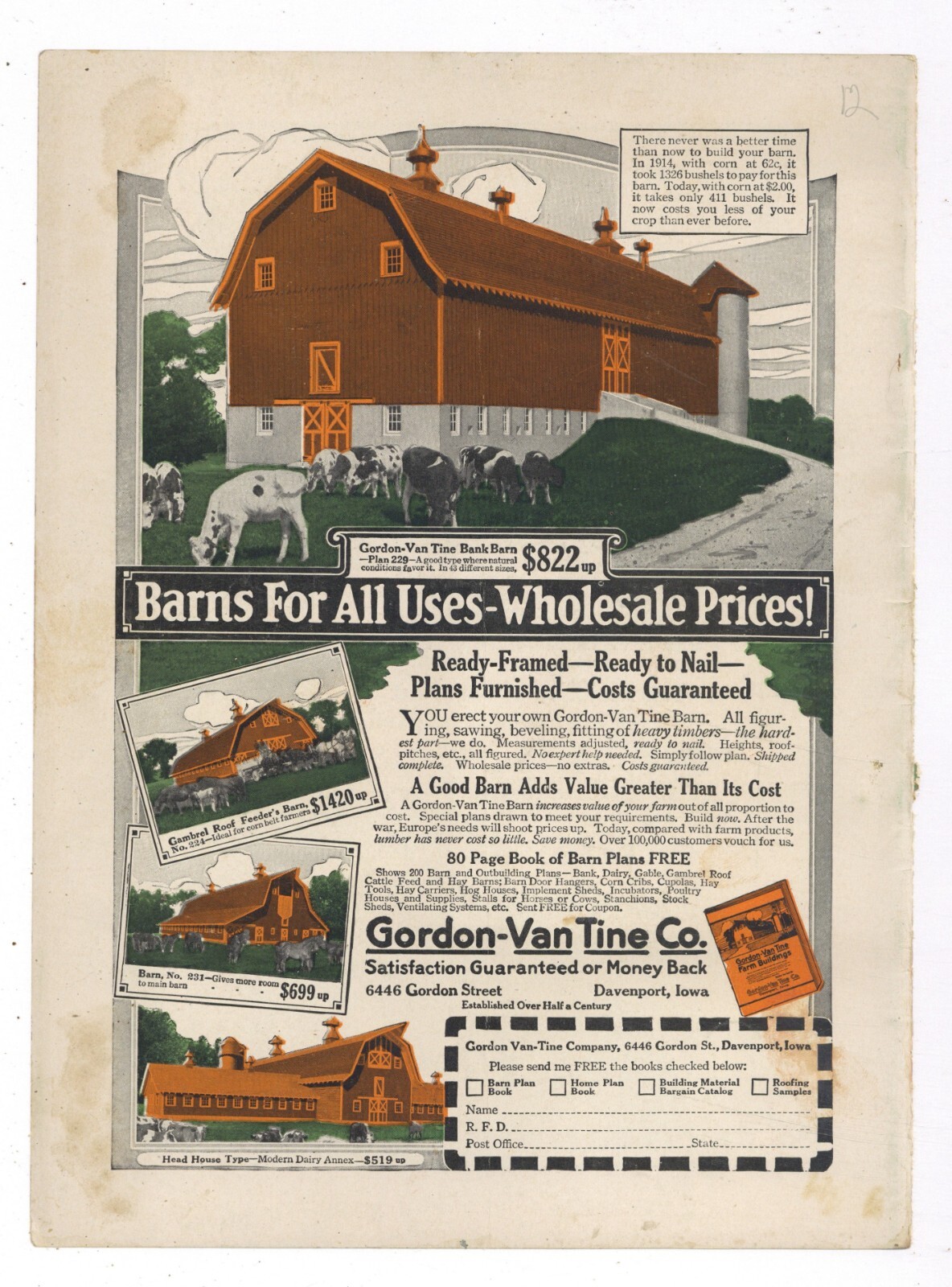 1917 Gordon Van Tine Co. Ad: Barn Kits, Designs Pictured – Davenport, Iowa