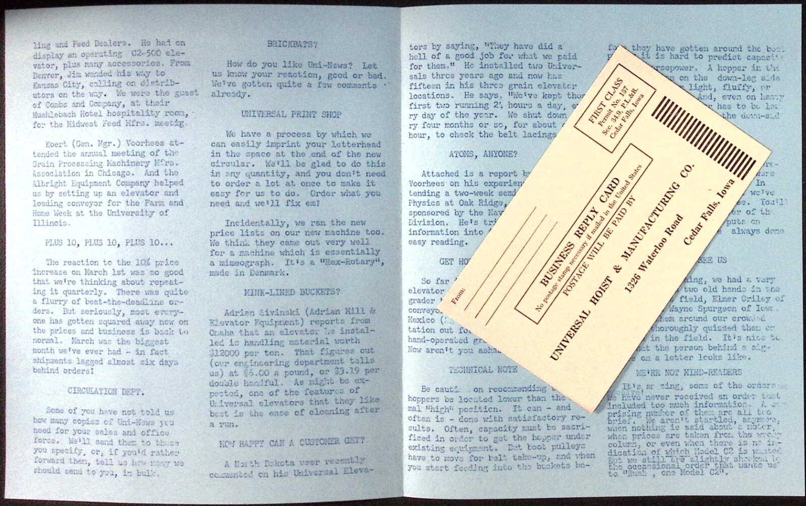 1956 Universal Hoist & Mfg Co Agricultural Bucket Elevators Dealer Brochure
