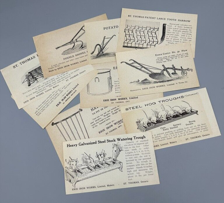 c 1900 ERIE IRON WORKS Cattle HOG TROUGH Hay Rack PLOW Farm Advertise Trade Card