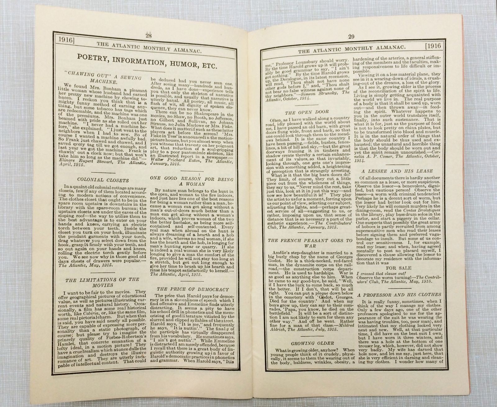 1916 THE ATLANTIC MONTHLY LITERARY ALMANAC, BOSTON MASSACHUSETTS