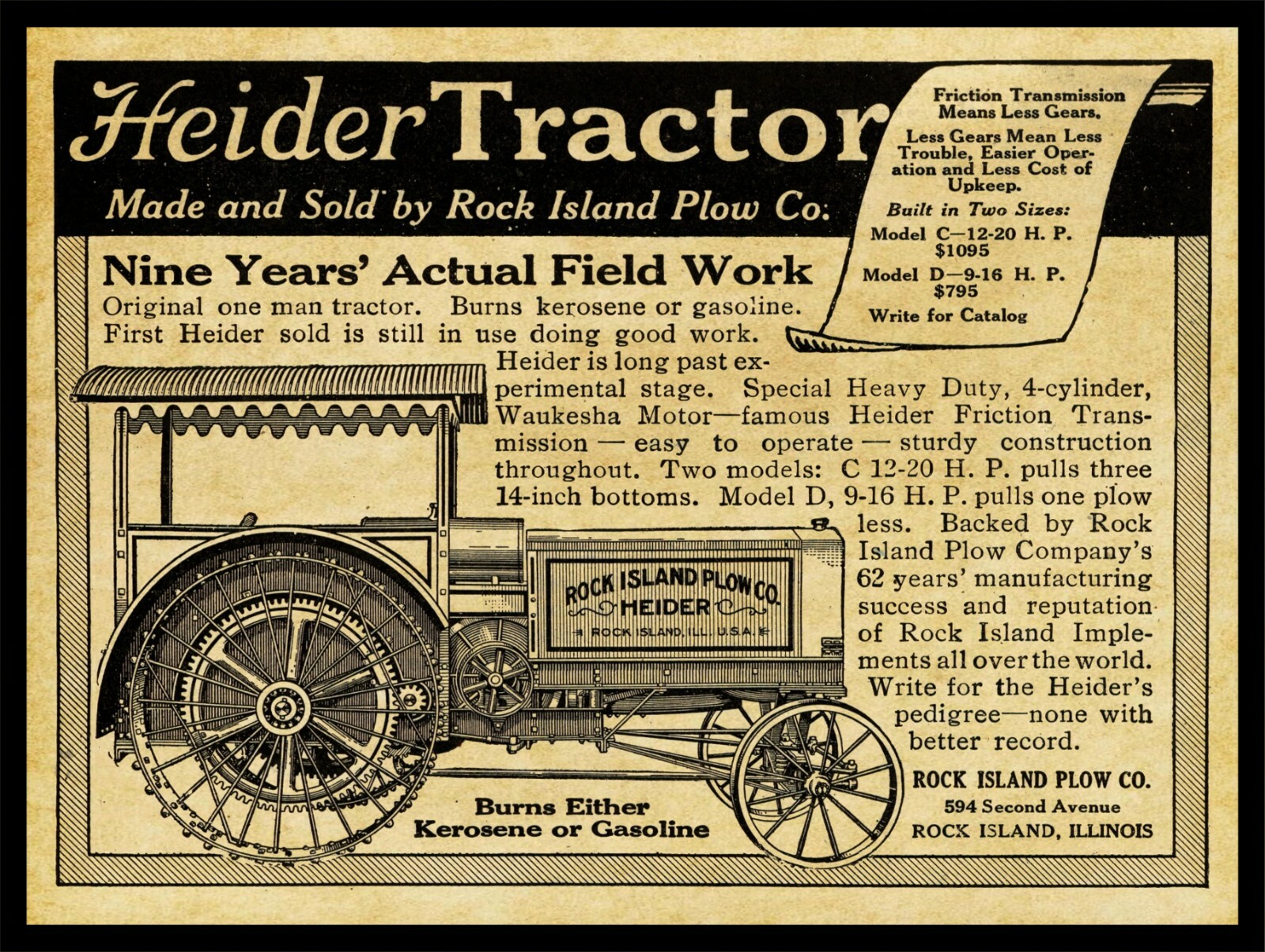 1917 Heider Tractors of Rock Island, Illinois NEW Metal Sign: 12×16 Large Size