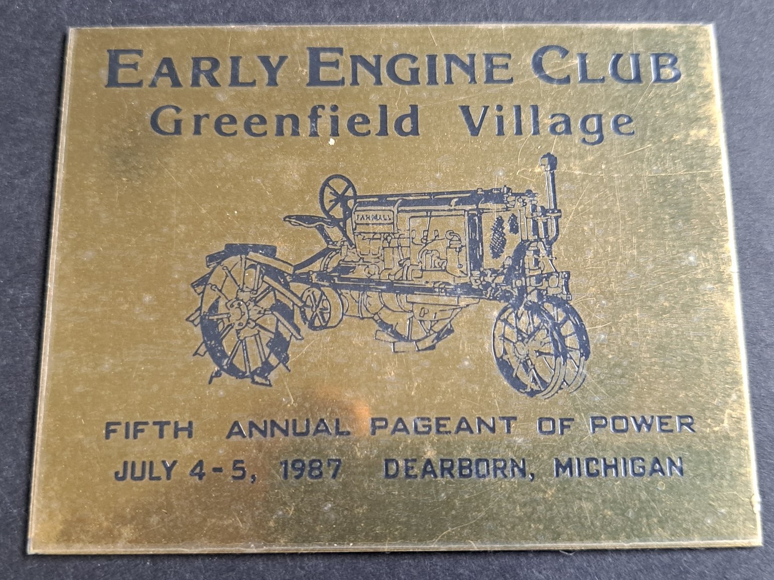 Farmall Tractor Brass Plaque Early Engine Club 1987 Greenfield Village Sign