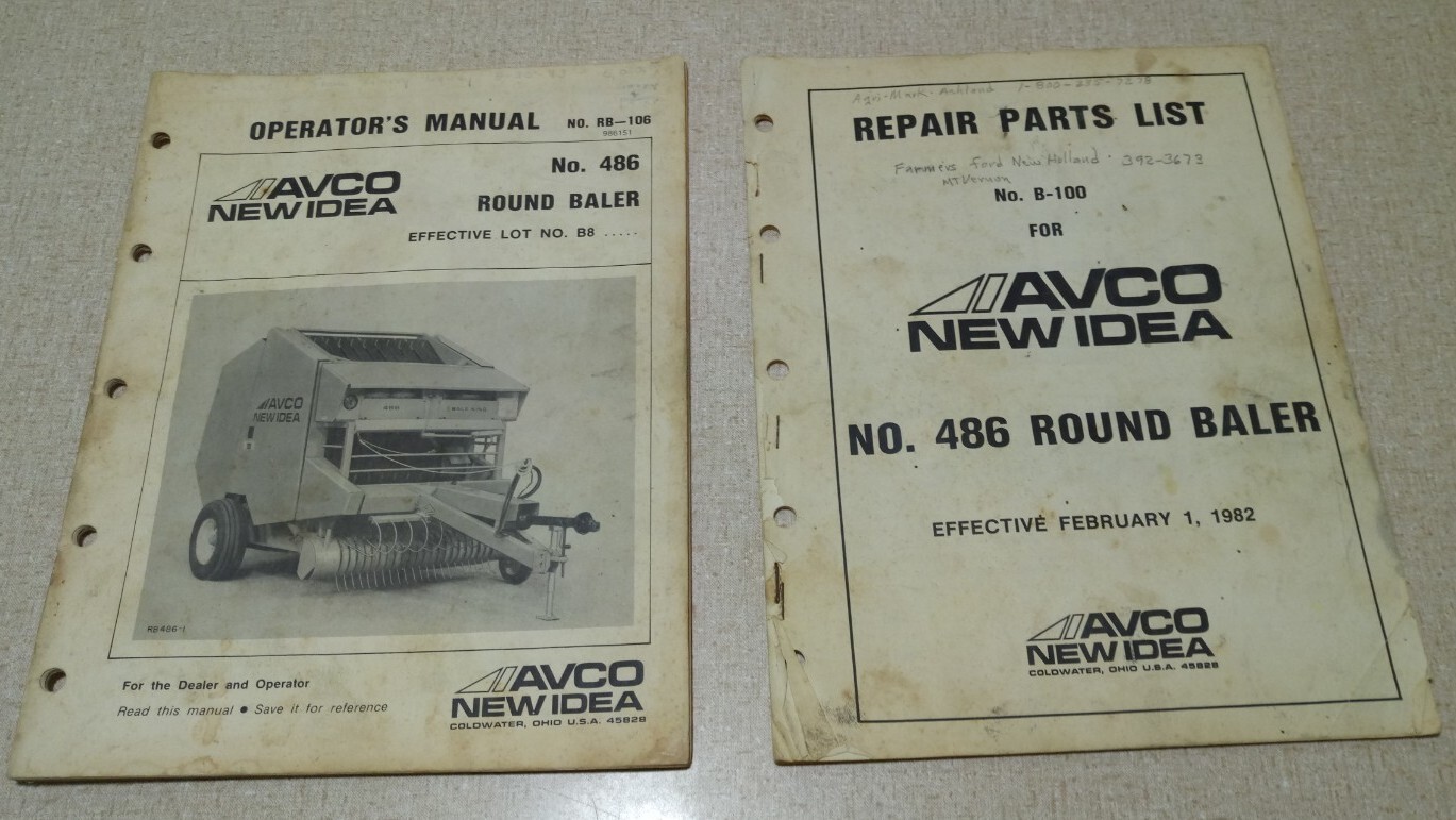 New Idea AVCO 486 RB-106 Round Baler Operator Manual & B-102 Parts List Ohio