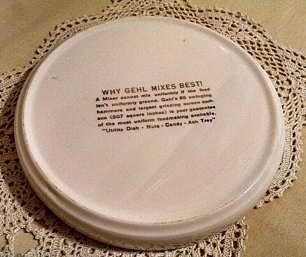 GEHL 66 MIX ALL MIXER ASHTRAY DISH CANDY NUT VINTAGE WHITE CERAMIC FARM SCENE.