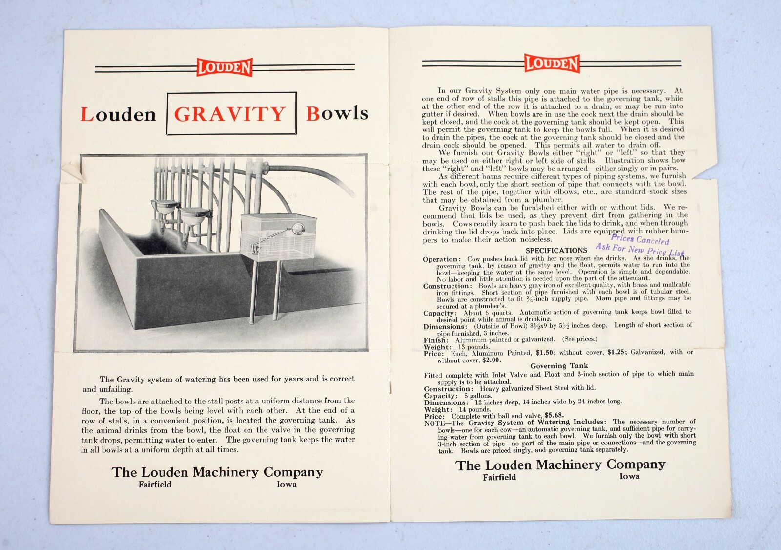 Vintage Louden Machinery Co. Cow Watering Equipment Booklet Fairfield Iowa Milk