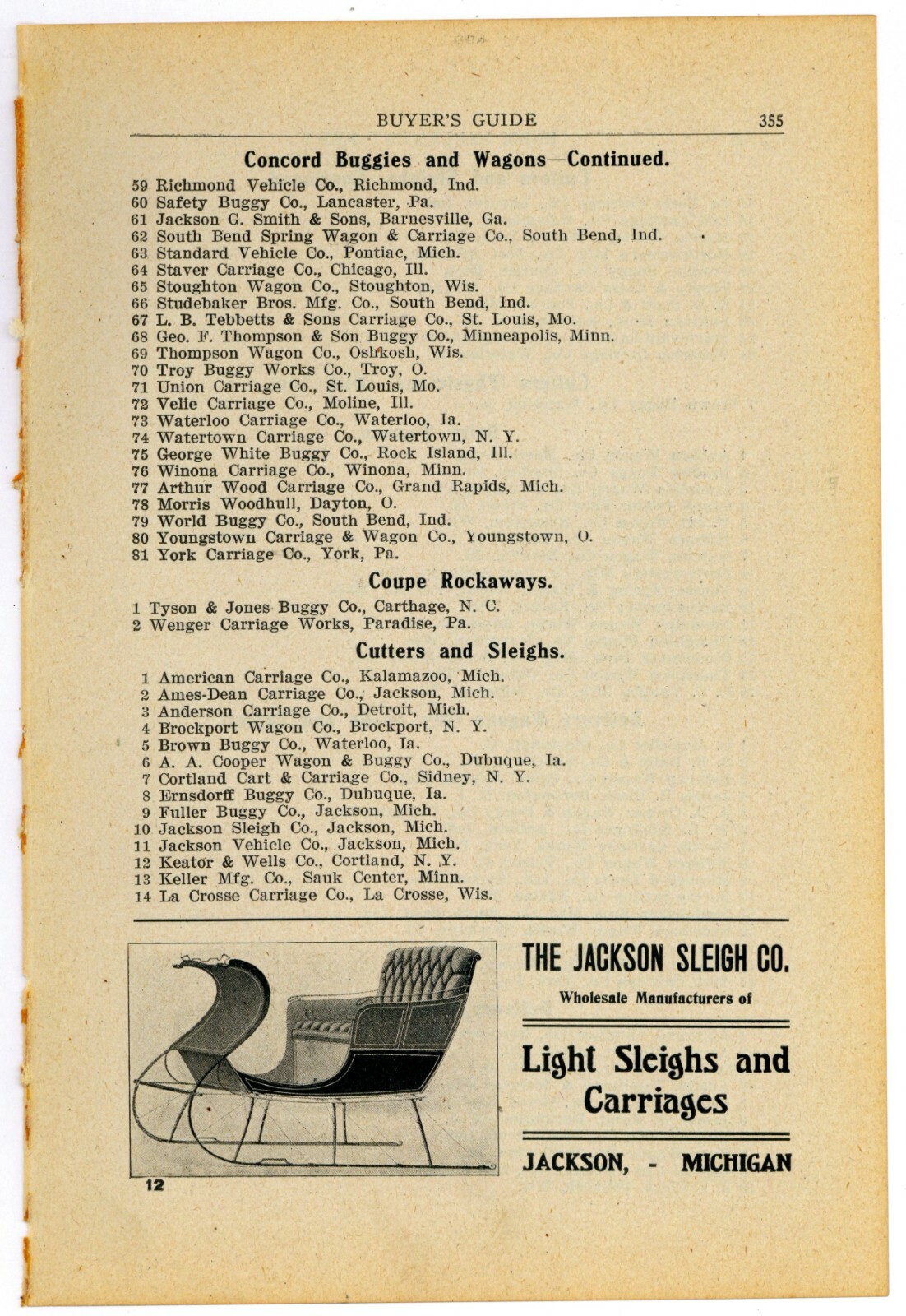 1905 Jackson Sleigh Co. Ad: Light Sleighs & Carriages – Jackson, Michigan