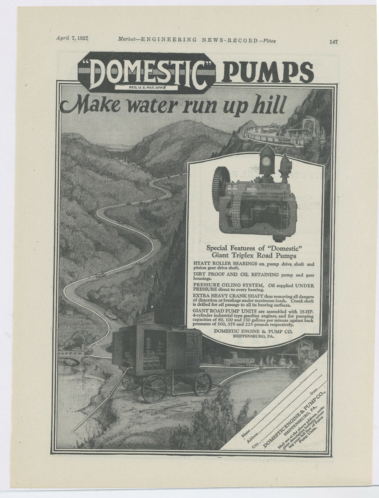 1927 Domestic Engine & Pump Co. Advertisement: Shippensburg, Pennsylvania
