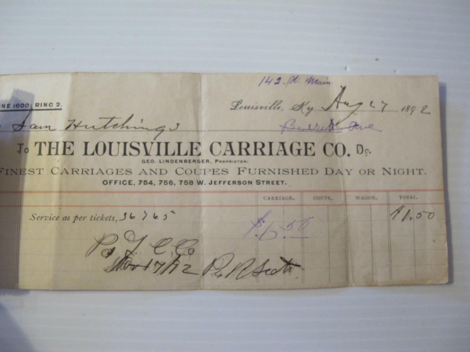 ORIGINAL 1892 RECEIPT FOR USE OF A CARRIAGE. LOUISVILLE CARRIAGE COMPANY