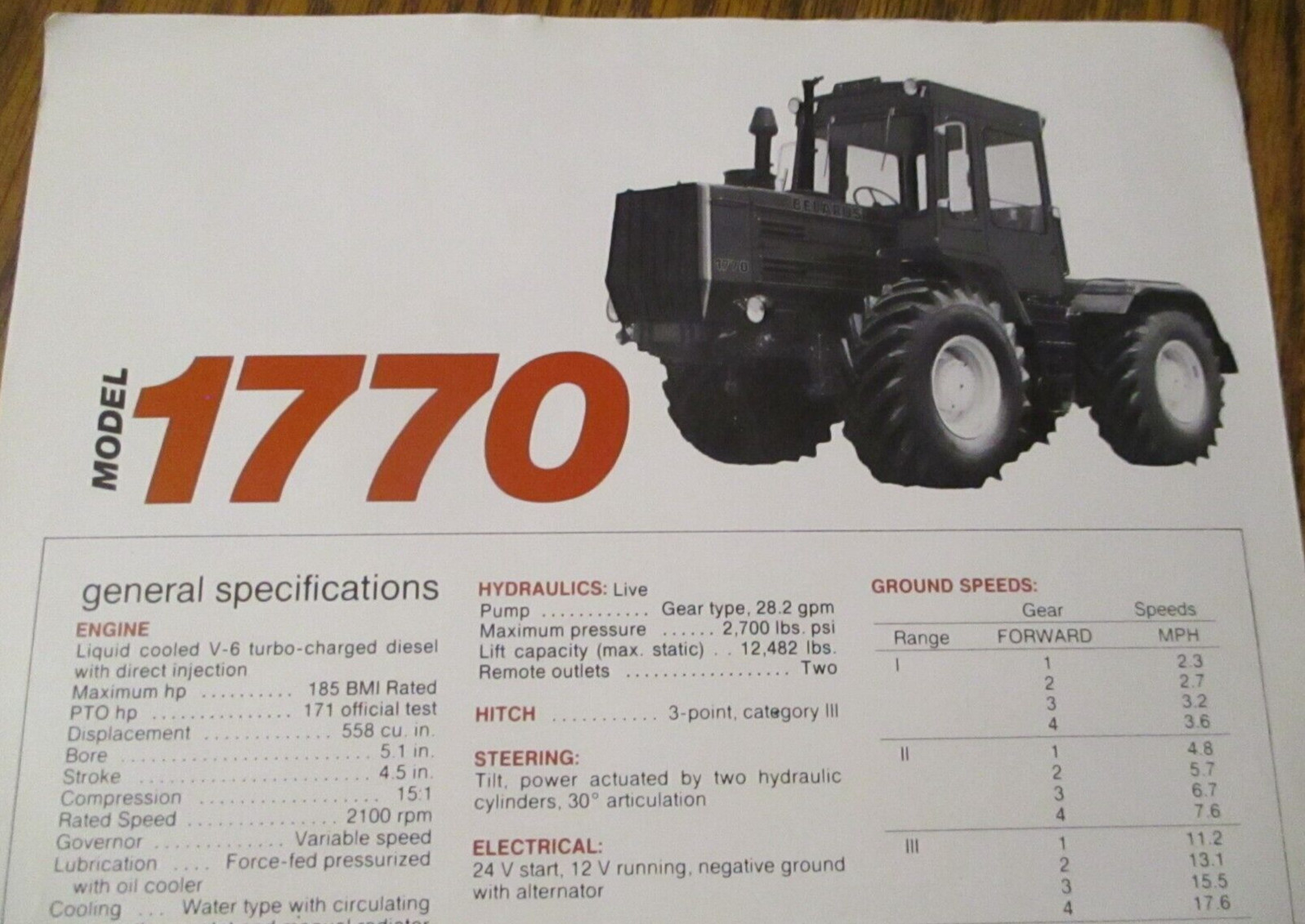 Belarus 1770 4WD Articulated Tractor Dealer Spec Sheet Sales Literature Brochure