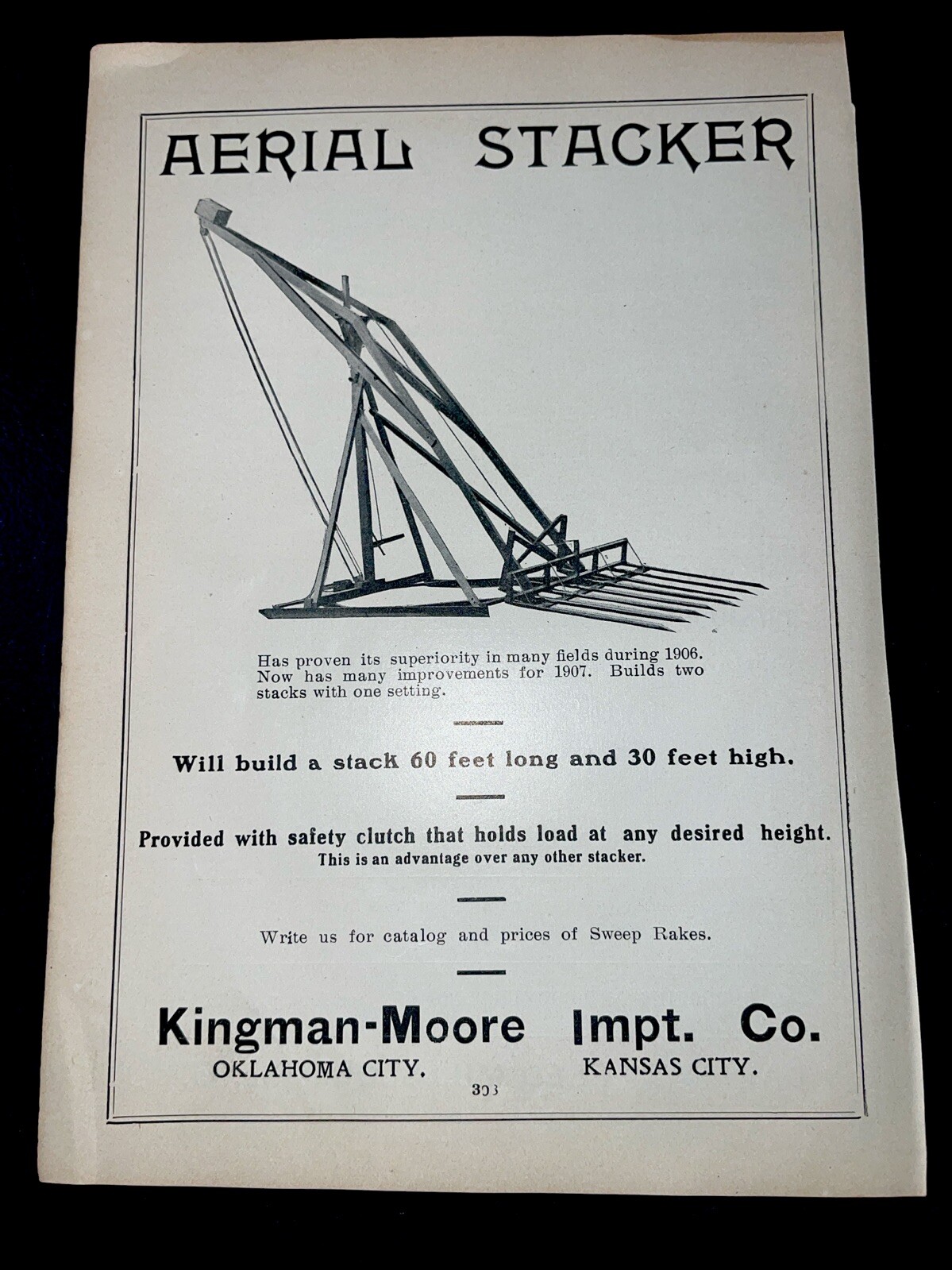ORIGINAL 1907 Aerial Hay Stacker Farm Implement Advertising