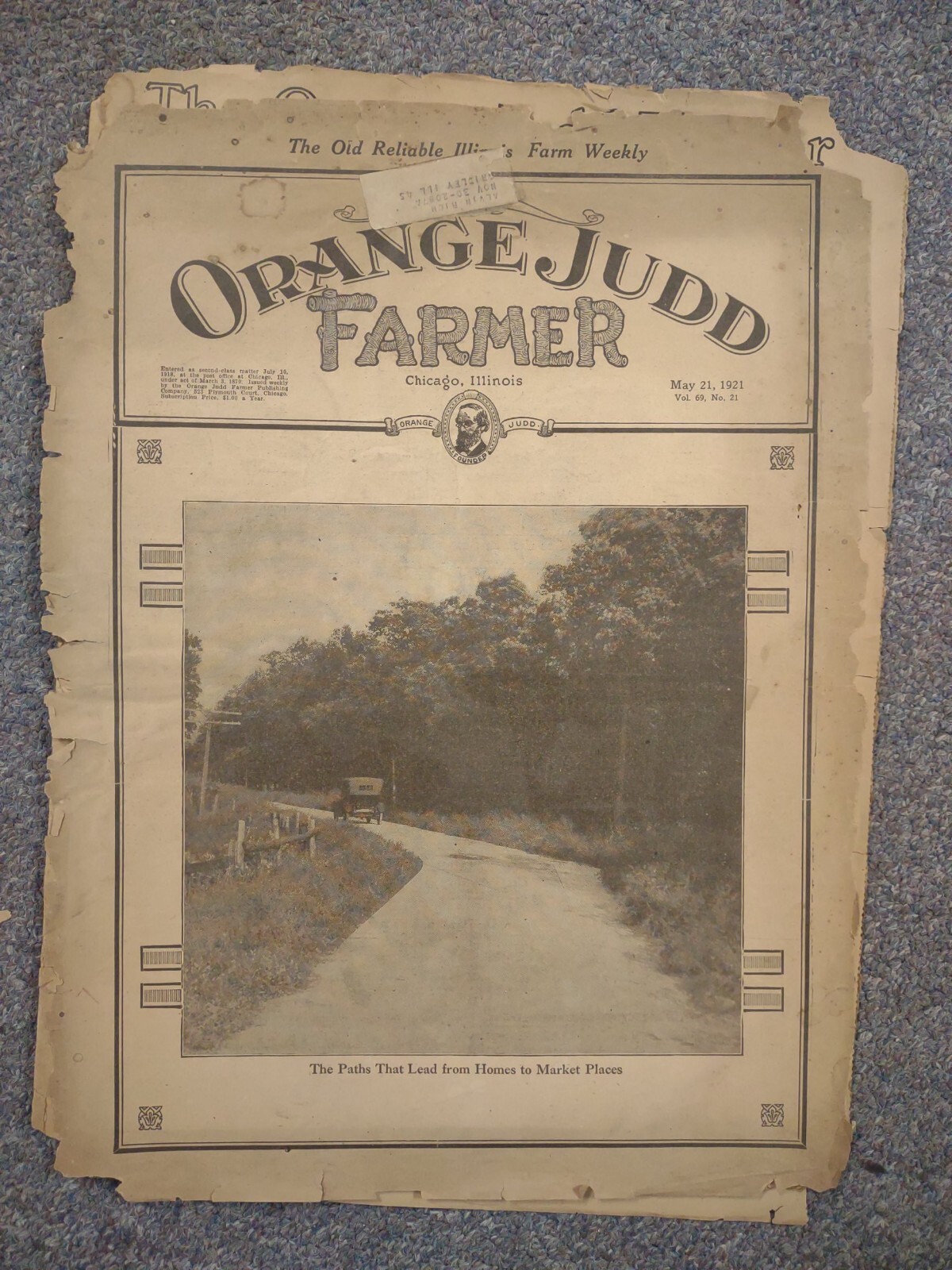 Orange Judd Farmer Newspaper Chicago, Illinois May 21, 1921 poor condition