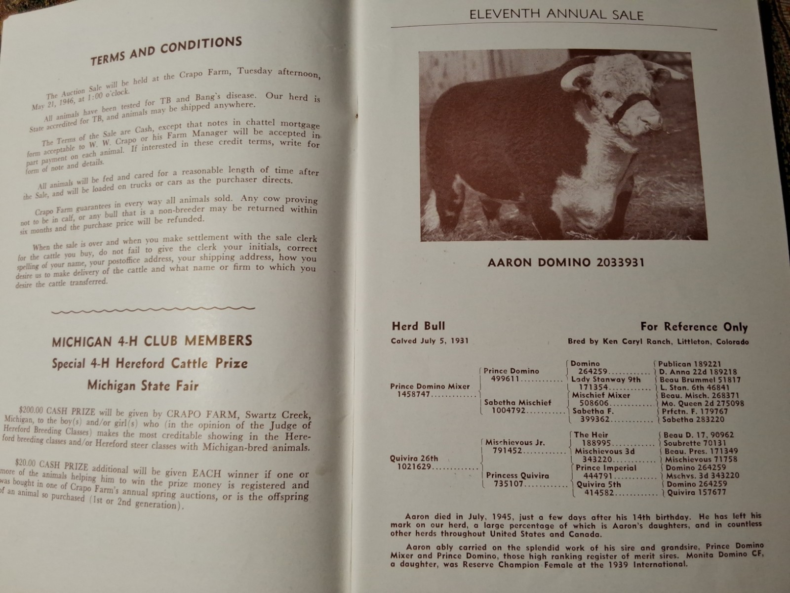 Vintage Crapo Farm Herefords Auction 1946 Sale Catalog Swartz Creek Michigan