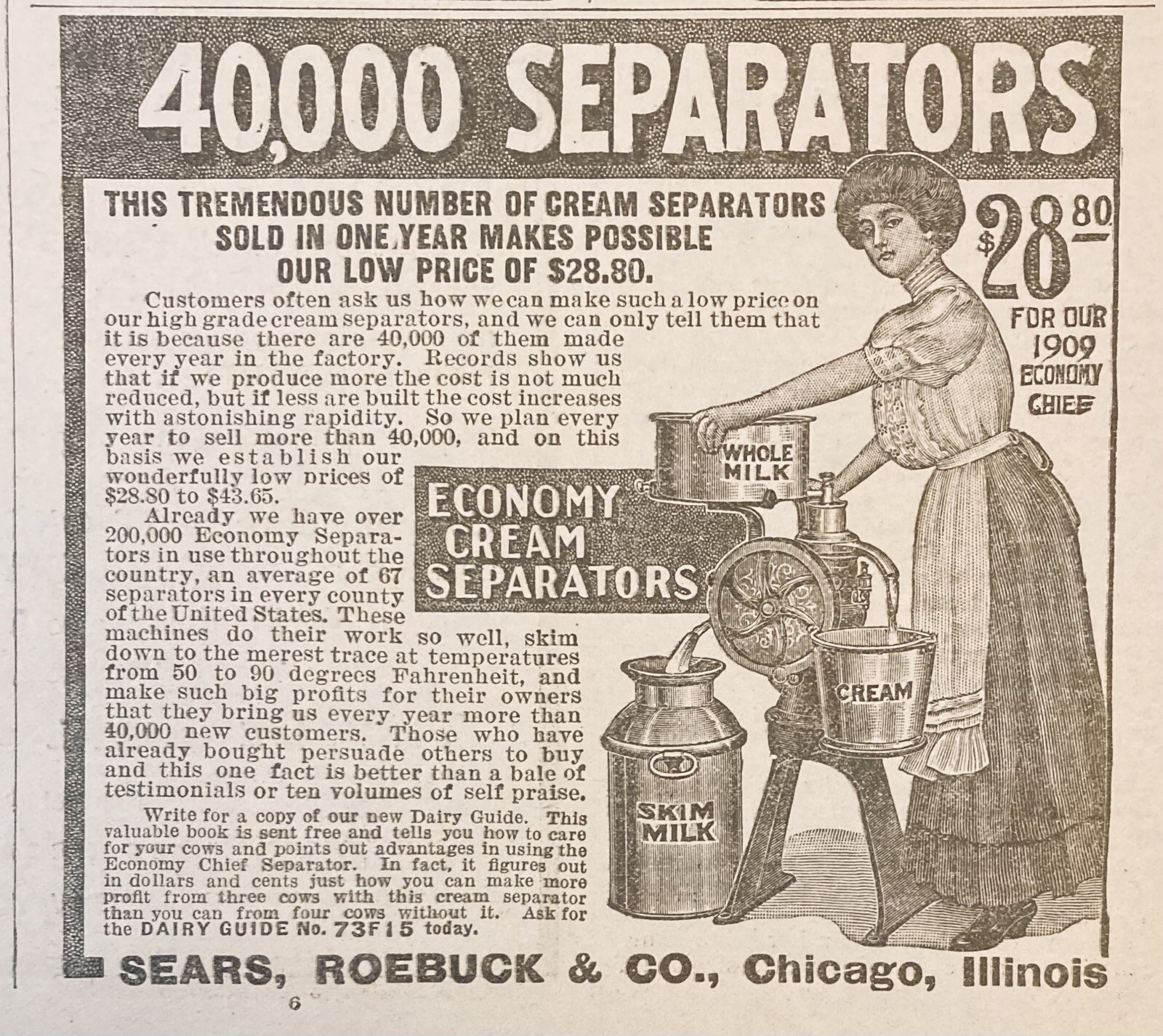 1909 AD.(XH10)~SEARS, ROEBUCK CO. CHICAGO. THE ECONOMY CHIEF CREAM SEPARATORS