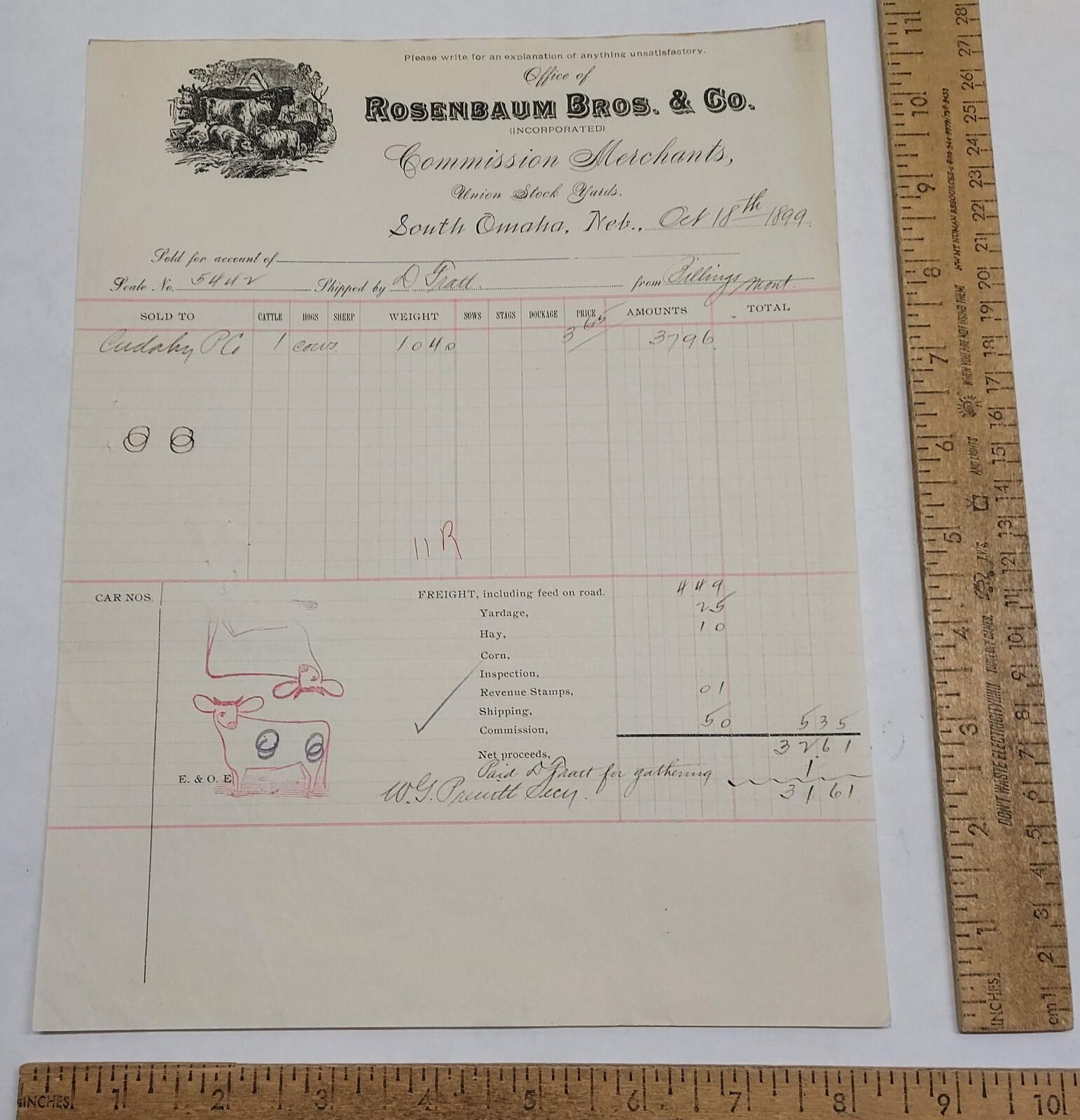 1899 ROSENBAUM BROS & CO Commission Merchants – RECEIPT – listing #7446