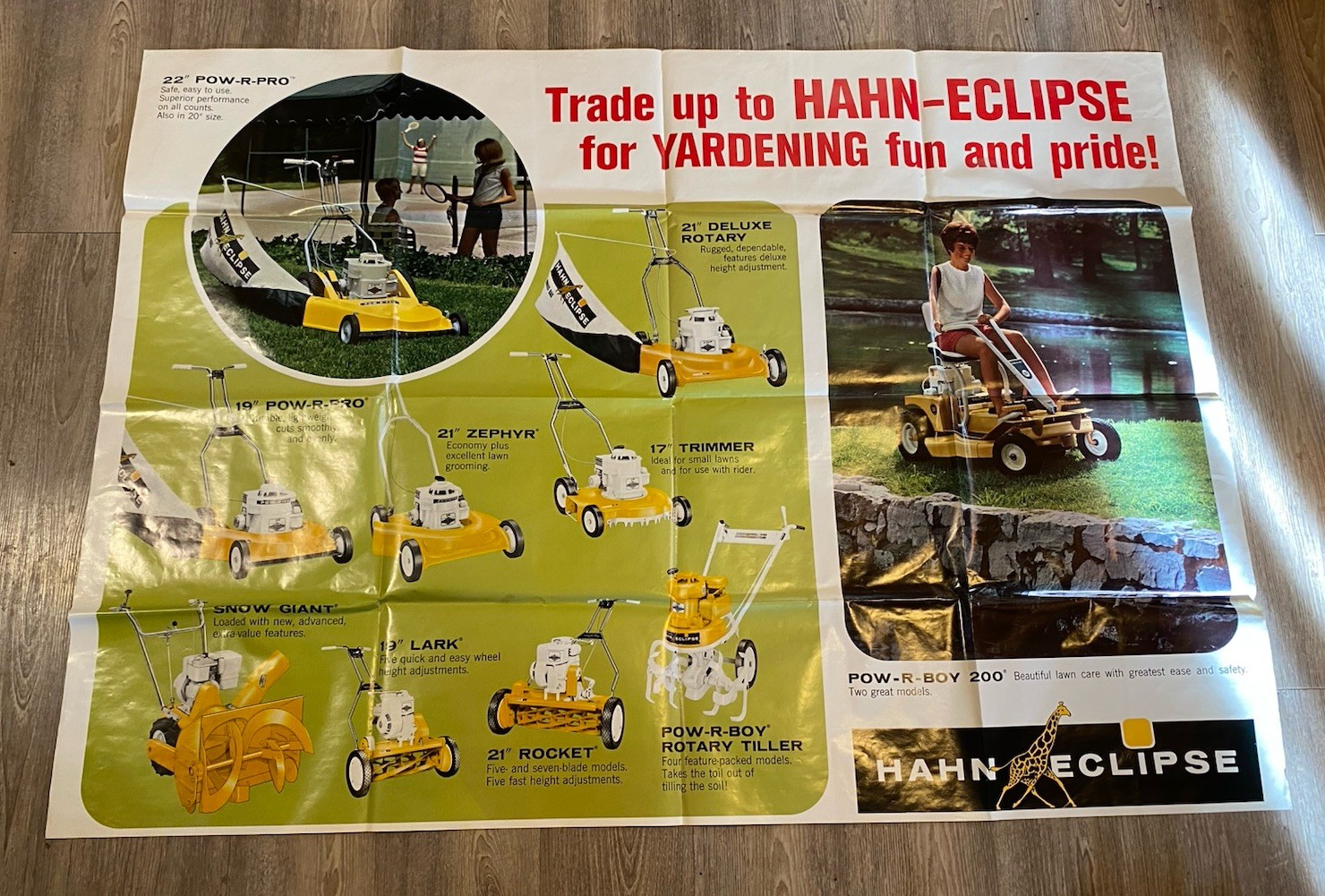 RARE 1960s Vintage Hahn Eclipse Yard Equipment Advertising Sign Poster 58&Prime; x 41&Prime;
