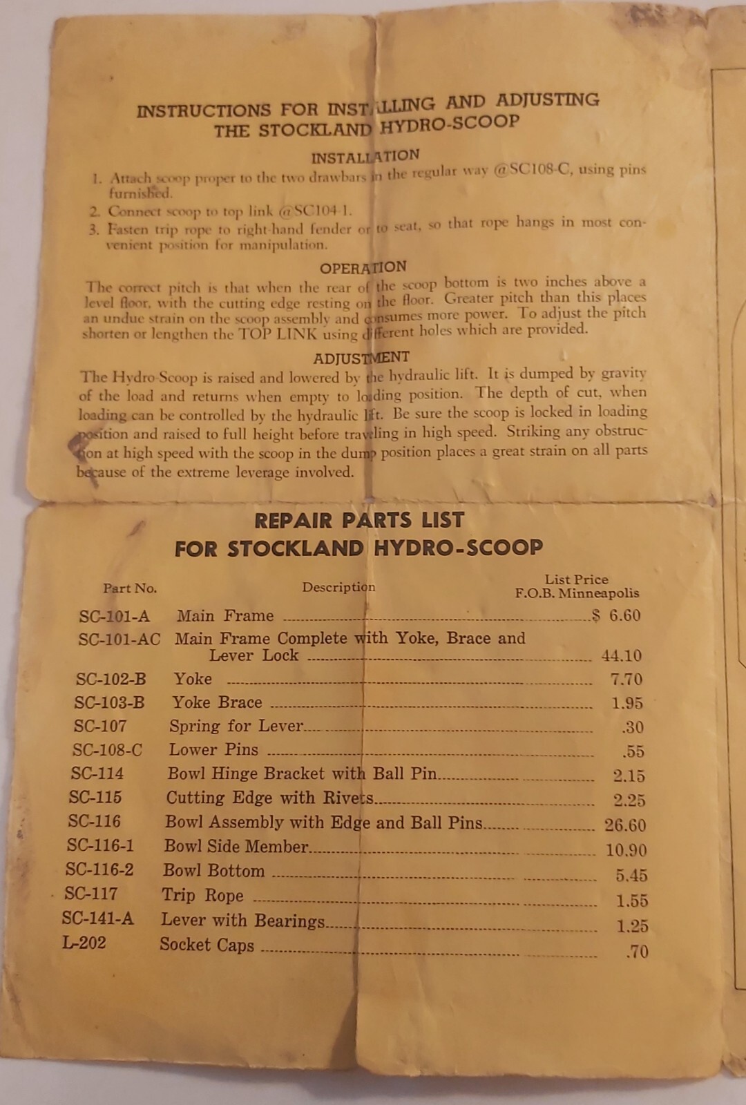 RARE VTG « STOCKLAND HYDRO-SCOOP FOR FORD TRACTORS » REPAIR LIST (MINNEAPOLIS, MN)