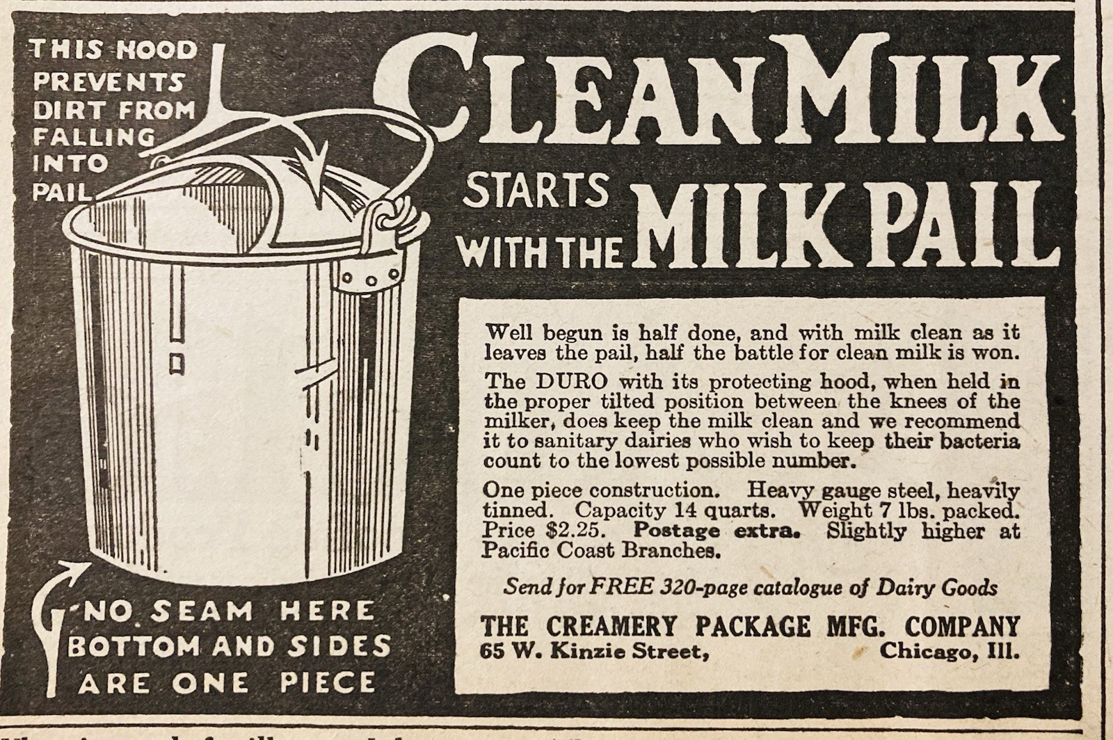 1926 AD.(XH82)~CREAMERY PACKAGE MFG. CO. CHICAGO. DURO MILK PAILS