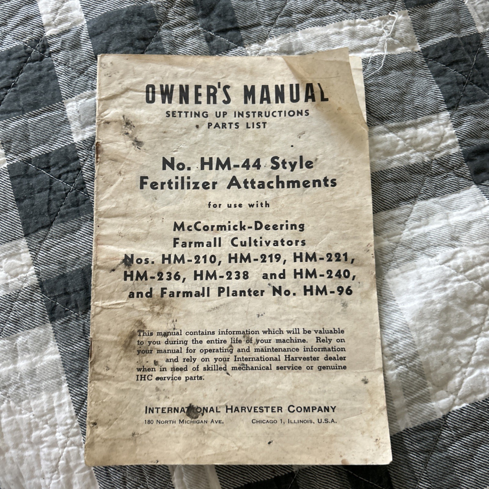 International Harvester HM-44 style fertilizer Attachments Owner’s Manual