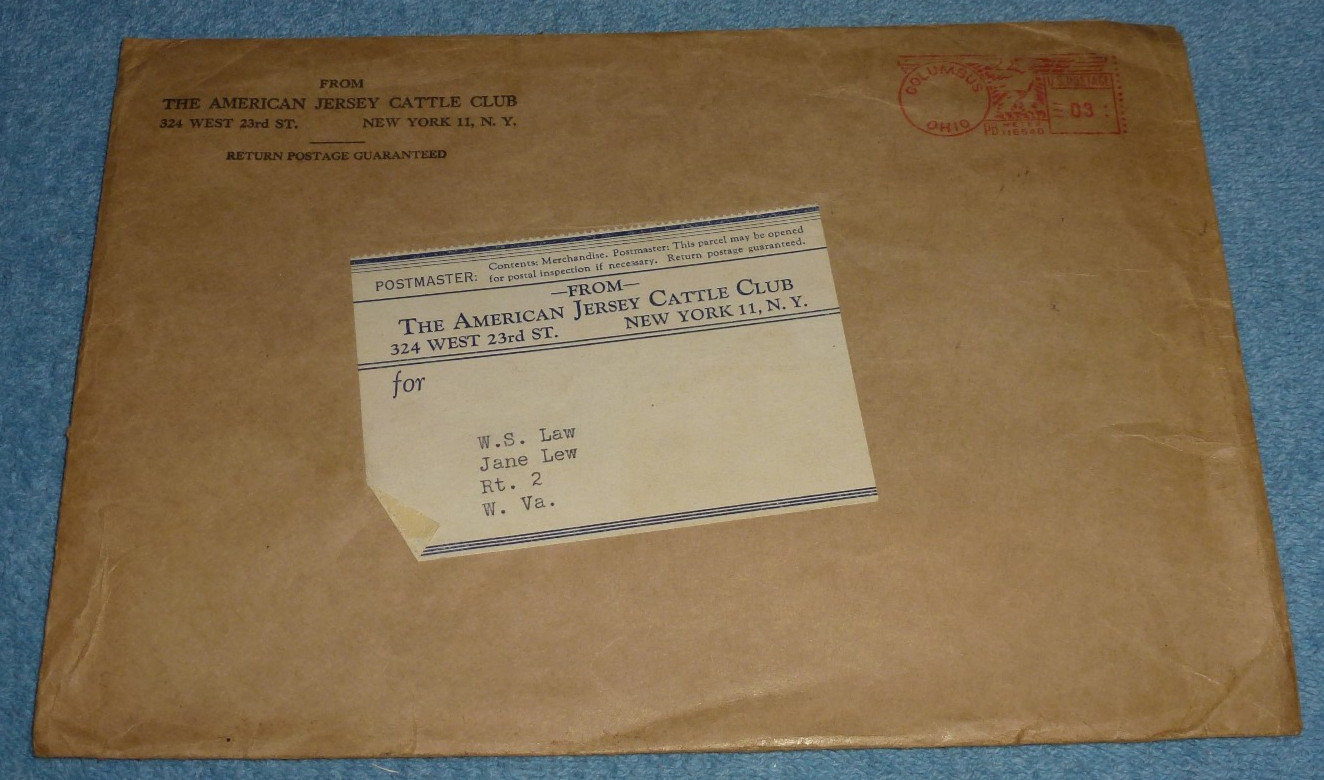 Vintage US Postal Cover Envelope American Jersey Cattle Club NY to Jane Lew WV
