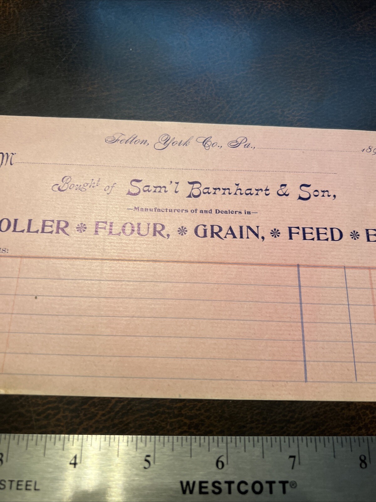 1890s Felton York Pa Barnhart & Son Feed Mill Receipt