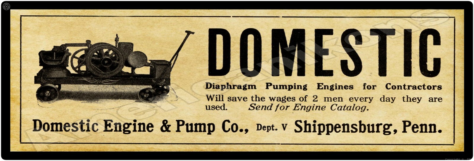 1912 Domestic Engine & Pump Co. New Metal Sign, 16&Prime; x 48&Prime; USA STEEL XL Size – 8#
