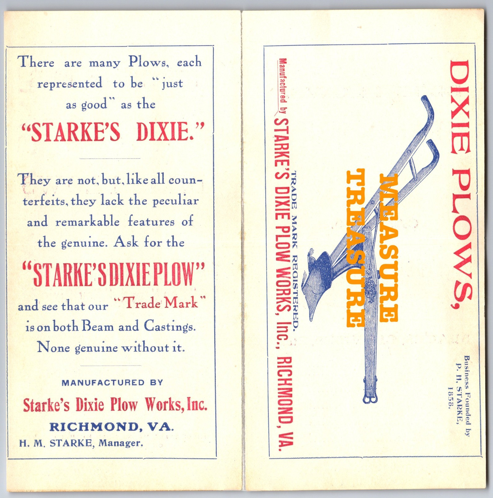 1911 RICHMOND, VA DIXIE PLOWS STARKE, SAVANNAH GA J.D. WEED PRICE BROCHURE F60