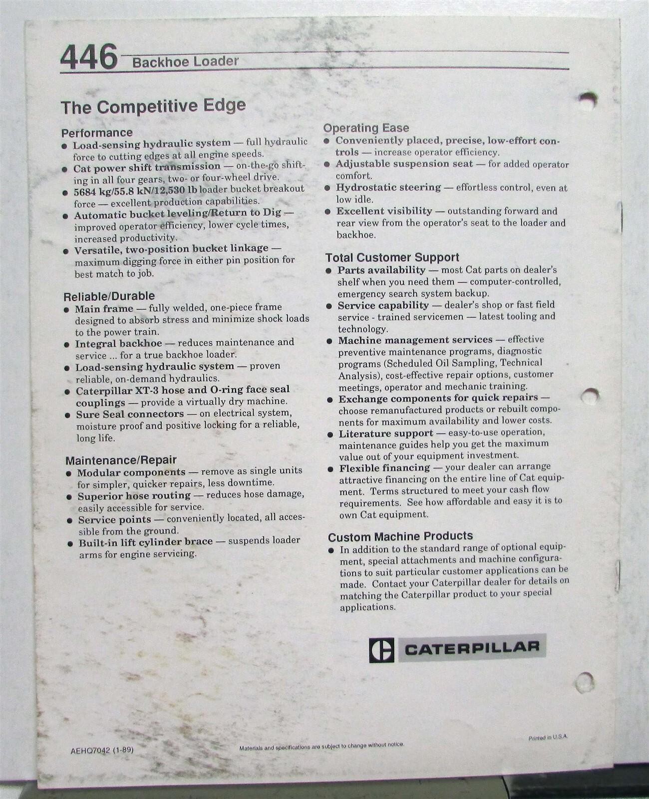 1989 CAT 446 Backhoe Loader Construction Specifications Sales Brochure
