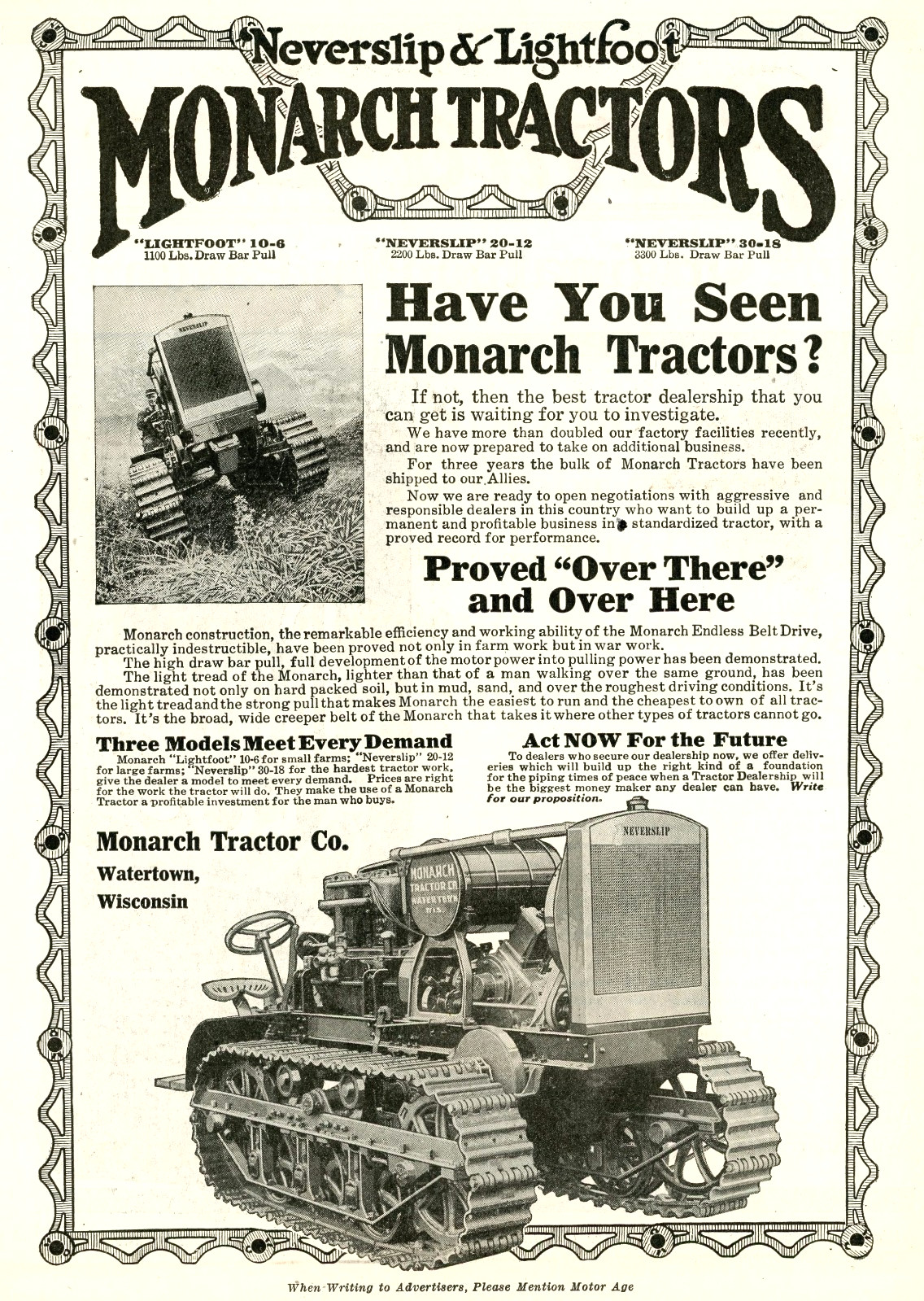 1918 Original Monarch Tractors Ad. Neverslip & Lightfoot. Watertown, Wisconsin