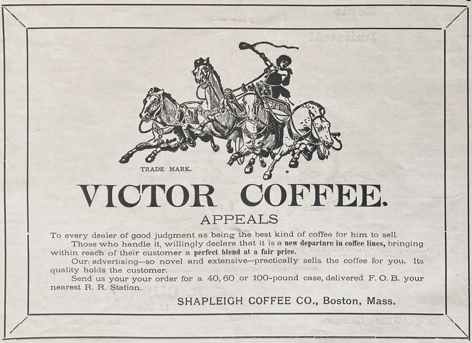 1899 AD.(XH63)~SHAPLEIGH COFFEE CO. BOSTON. VICTOR COFFEE