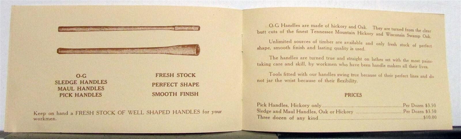 1928 Oak Grove Handle Co O-G Sheeting Mauls Sizing Pricing Sales Brochure