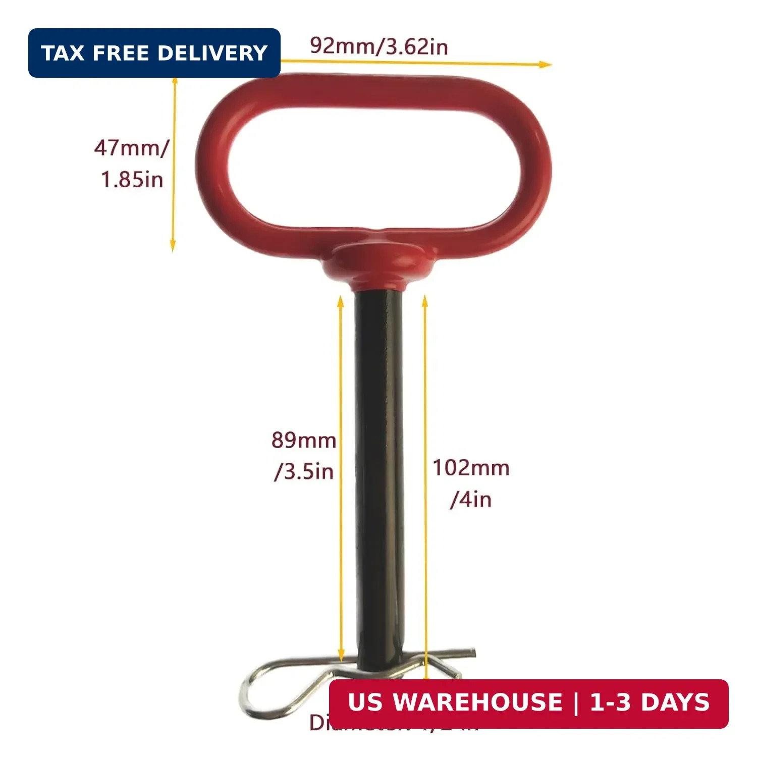 1/2 x 4 Inch Trailer Hitch Pin with R-Clip for Tractor Lawn Mower | red steel pi