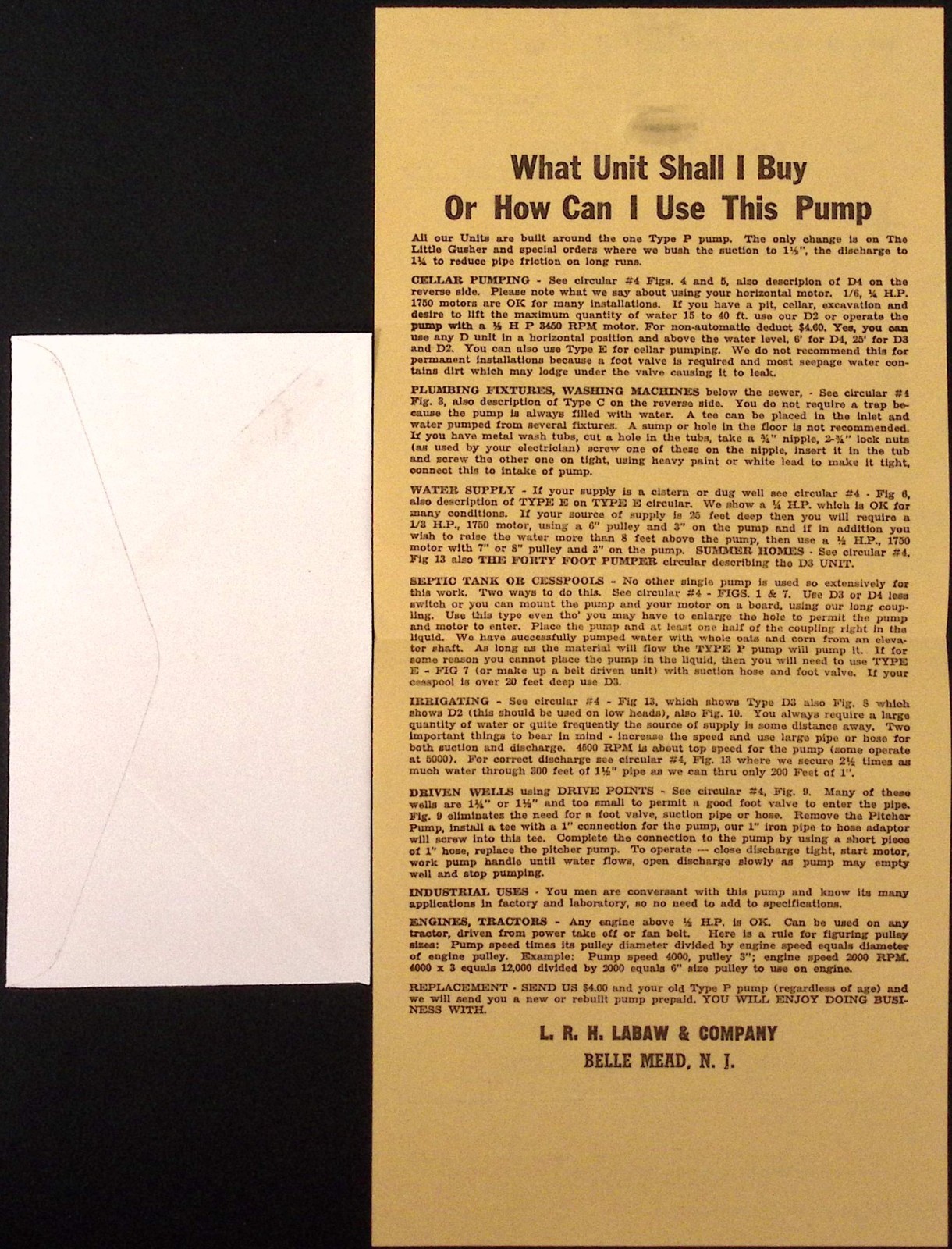 1954 Labawco Type P Pump Brochure L.R.H. Labaw & Co Belle Mead NJ